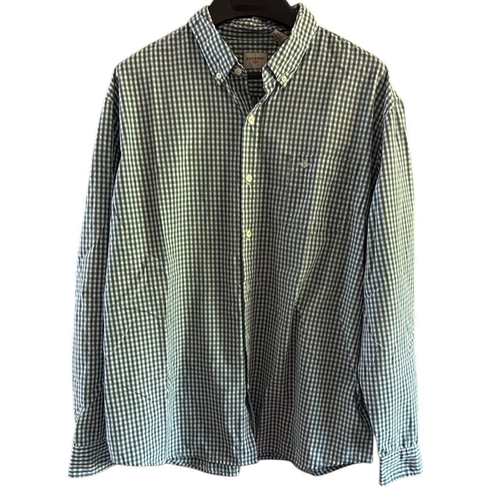 Dockers Men’s Green Gingham Casual Button Down Shirt One pocket size XXL